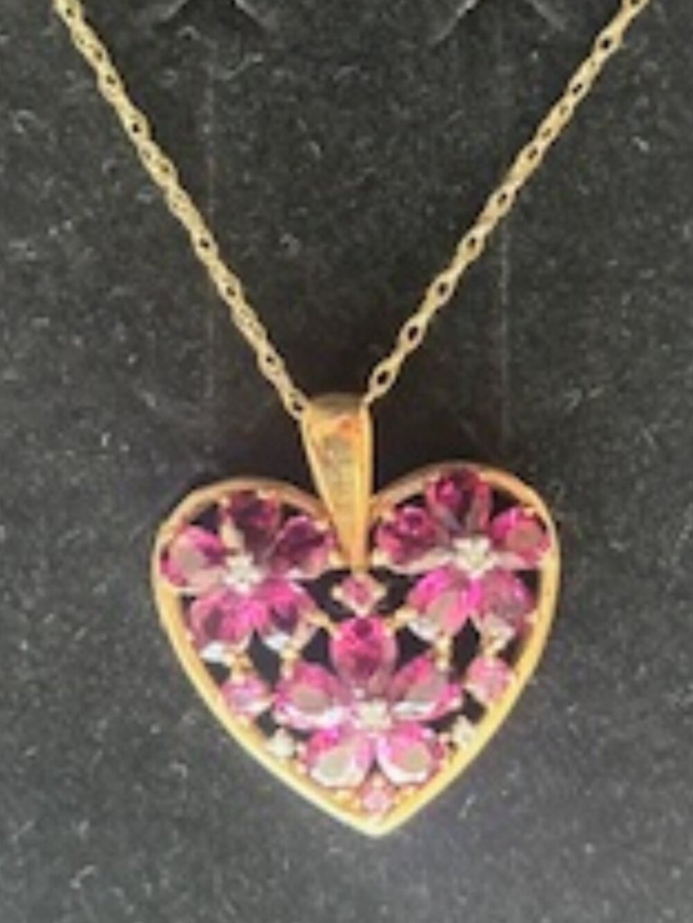 14K gold chain & heart shaped pendant-Clusters of flower shaped Amethyst stones